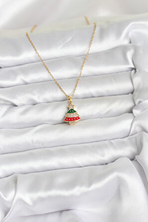 316L Çelik Zincir Gold Ren Çam Ağacı Model Zirkon Taşlı Yılbaşı Temalı Kadın Kolye