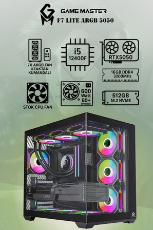 Game Master F7 Lite ARGB RTX5050 intel i5-12400F CPU 16GB DDR4 RAM 512GB M.2 SSD RTX5050 7x ARGB Fanlı Gaming PC