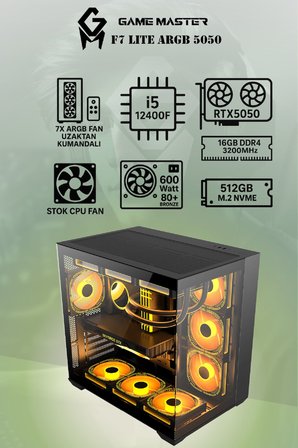 Game Master F7 Lite ARGB RTX5050 intel i5-12400F CPU 16GB DDR4 RAM 512GB M.2 SSD RTX5050 7x ARGB Fanlı Gaming PC