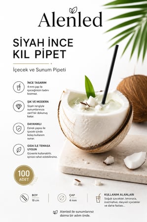 Siyah İnce Kıl Pipet 4x19 cm İçecek ve Sunum Pipeti 100 Adet
