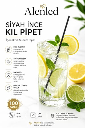 Siyah İnce Kıl Pipet 4x19 cm İçecek ve Sunum Pipeti 100 Adet
