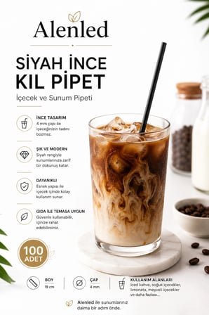Siyah İnce Kıl Pipet 4x19 cm İçecek ve Sunum Pipeti 100 Adet