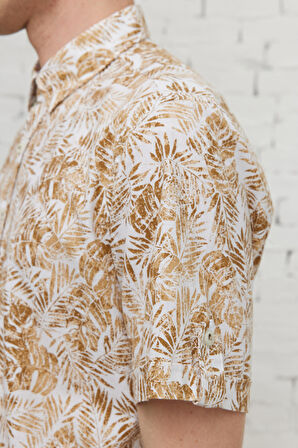 Erkek Beyaz-Kahve Slim Fit Dar Kesim Gizli Düğmeli Yaka %100 Pamuk Baskılı Gömlek