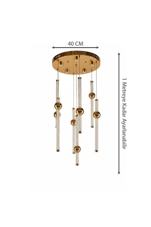 Lüks Gold Çemberli Seri 7li Çizgili Cam Silindir Modern Küre Detaylı Led Avize