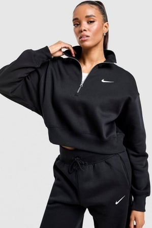Nike Sportswear Fleece Crop Oversize kesim Çeyrek Fermuar Siyah Kadın Sweatshrit