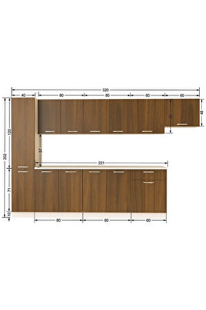 Yasmnne Hazır Mutfak Dolabı Kiler Dahil 320cm–ceviz– Tezgah Dahil