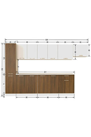 Yaprak Hazır Mutfak Dolabı Kiler Dahil 320cm –ceviz Ve Beyaz– Tezgah Dahil