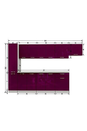 Sıla Hazır Mutfak Dolabı Kiler Dahil 320 Cm – Parlak Mürdüm - Tezgah Dahil Değil
