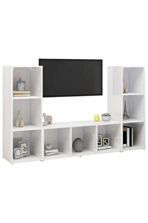 Nehir Kitaplıklı Televizyon Sehpası Ünitesi Kitaplık Beyaz 150 cm 9 Raflı