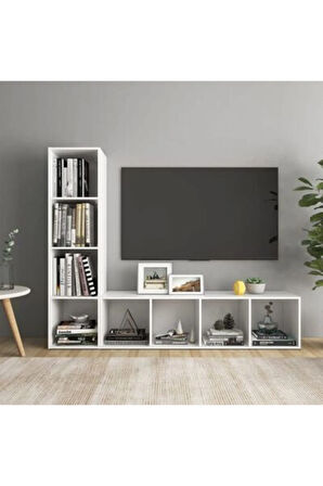 Tdesıgno Yağmur Kitaplıklı Televizyon Sehpası - Ünitesi -kitaplık-beyaz 150 cm 8 Raflı