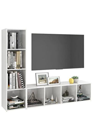 Tdesıgno Yağmur Kitaplıklı Televizyon Sehpası - Ünitesi -kitaplık-beyaz 150 cm 8 Raflı