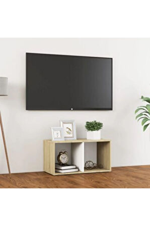 Tdesıgno Ay Televizyon Sehpası - Ünitesi -kitaplık-meşe Beyaz 72 Cm 2 Raflı