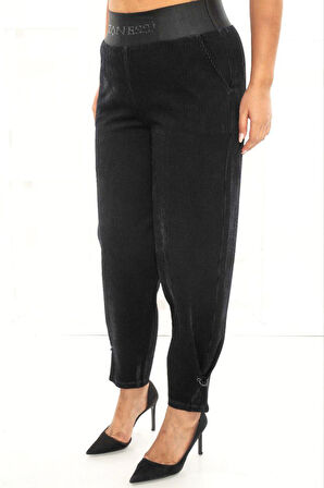 Büyük Beden Fitilli Kadife Mom Lastikli Yüksek Bel Paça Detaylı Kadın Pantolon