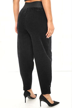 Büyük Beden Fitilli Kadife Mom Lastikli Yüksek Bel Paça Detaylı Kadın Pantolon