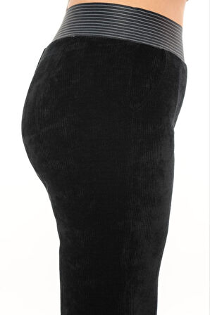 Büyük Beden Fitilli Kadife Mom Lastikli Yüksek Bel Paça Detaylı Kadın Pantolon