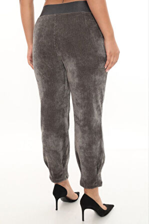 Büyük Beden Fitilli Kadife Mom Lastikli Yüksek Bel Paça Detaylı Kadın Pantolon