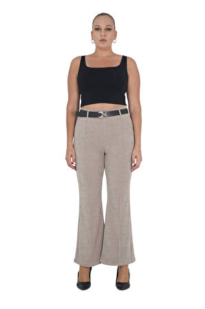 Büyük Beden Fitilli Kadife Kemerli Yüksek bel İspanyol Paça Kadın Pantolon