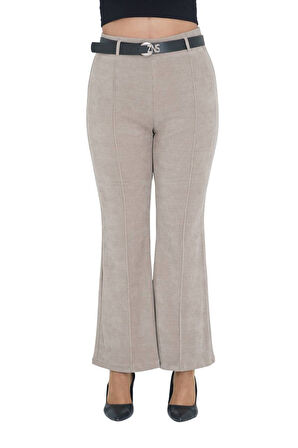 Büyük Beden Fitilli Kadife Kemerli Yüksek bel İspanyol Paça Kadın Pantolon