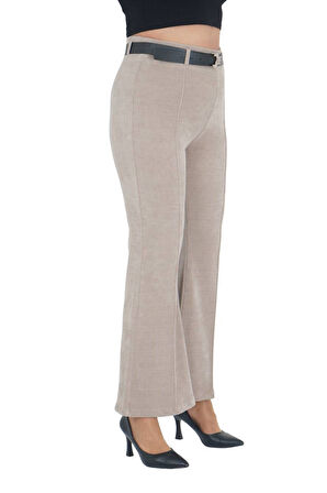 Büyük Beden Fitilli Kadife Kemerli Yüksek bel İspanyol Paça Kadın Pantolon