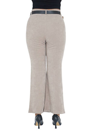 Büyük Beden Fitilli Kadife Kemerli Yüksek bel İspanyol Paça Kadın Pantolon