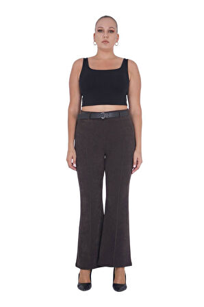 Büyük Beden Fitilli Kadife Kemerli Yüksek bel İspanyol Paça Kadın Pantolon