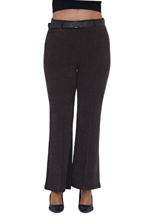 Büyük Beden Fitilli Kadife Kemerli Yüksek bel İspanyol Paça Kadın Pantolon