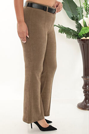 Büyük Beden Fitilli Kadife Kemerli Yüksek bel İspanyol Paça Kadın Pantolon