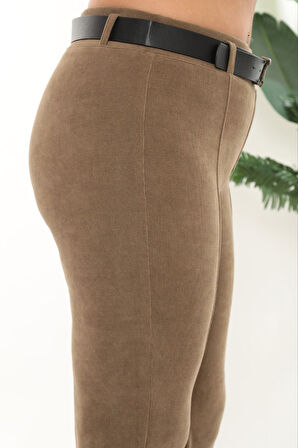 Büyük Beden Fitilli Kadife Kemerli Yüksek bel İspanyol Paça Kadın Pantolon