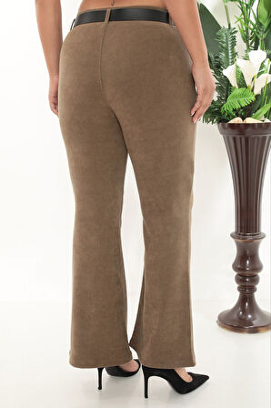 Büyük Beden Fitilli Kadife Kemerli Yüksek bel İspanyol Paça Kadın Pantolon