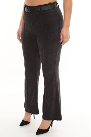 Büyük Beden Fitilli Kadife Kemerli Yüksek bel İspanyol Paça Kadın Pantolon