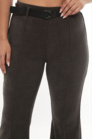 Büyük Beden Fitilli Kadife Kemerli Yüksek bel İspanyol Paça Kadın Pantolon