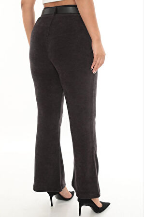 Büyük Beden Fitilli Kadife Kemerli Yüksek bel İspanyol Paça Kadın Pantolon