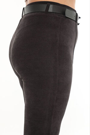 Büyük Beden Fitilli Kadife Kemerli Yüksek bel İspanyol Paça Kadın Pantolon