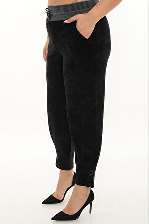 Büyük Beden Fitilli Kadife Mom Lastikli Yüksek Bel Kadın Pantolon