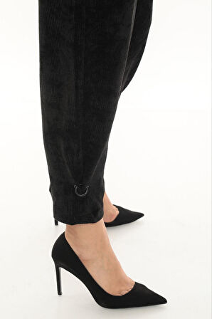 Büyük Beden Fitilli Kadife Mom Lastikli Yüksek Bel Kadın Pantolon