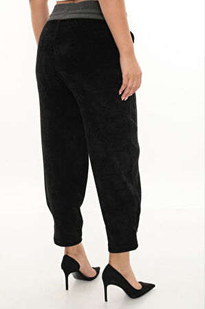 Büyük Beden Fitilli Kadife Mom Lastikli Yüksek Bel Kadın Pantolon