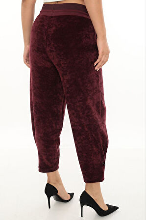 Büyük Beden Fitilli Kadife Mom Lastikli Yüksek Bel Kadın Pantolon