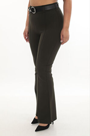 Büyük Beden Toparlayıcı Yüksek Bel Kemerli İspanyol Paça Örme Kadın Pantolon