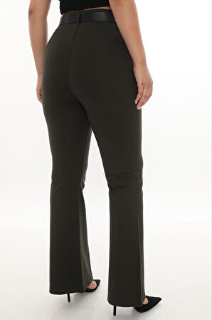 Büyük Beden Toparlayıcı Yüksek Bel Kemerli İspanyol Paça Örme Kadın Pantolon