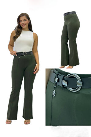 Büyük Beden Toparlayıcı Yüksek Bel Kemerli İspanyol Paça Örme Kadın Pantolon