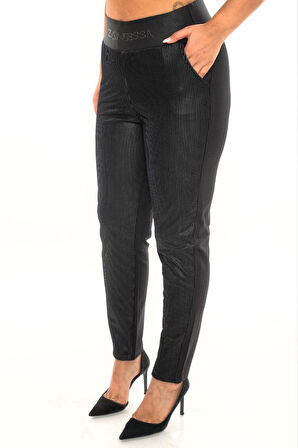 Büyük Beden Deri Görünümlü Mom Yüksek Bel Örme Kadın Pantolon