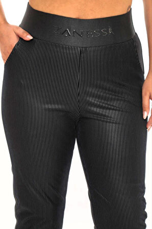 Büyük Beden Deri Görünümlü Mom Yüksek Bel Örme Kadın Pantolon