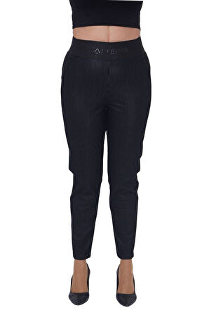 Büyük Beden Deri Görünümlü Mom Yüksek Bel Örme Kadın Pantolon