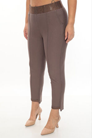 Büyük Beden Toparlayıcı Yüksek Bel Kemer ve Paça Taş Detaylı Dar Paça Kadın Pantolon