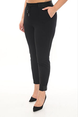 Büyük Beden Mom Lastikli Yüksek Bel Dar Paça Taş Detaylı Örme Kadın Pantolon