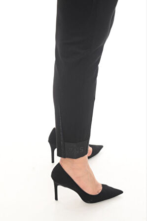 Büyük Beden Mom Lastikli Yüksek Bel Dar Paça Taş Detaylı Örme Kadın Pantolon