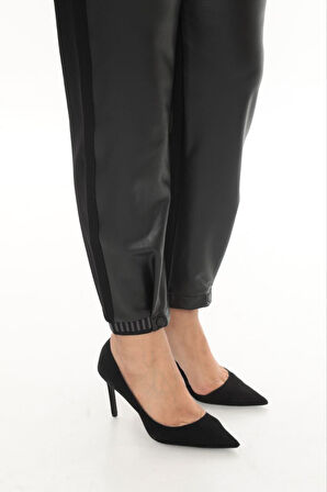 Büyük Beden Deri Görünümlü Mom Lastikli Yüksek Bel Paça Detaylı Örme Kadın Pantolon