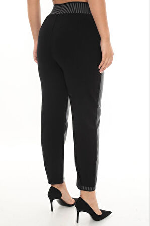 Büyük Beden Deri Görünümlü Mom Lastikli Yüksek Bel Paça Detaylı Örme Kadın Pantolon