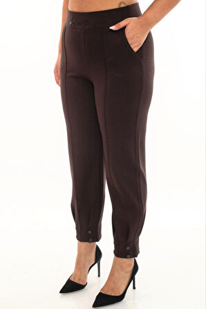 Büyük Beden Toparlayıcı Yüksek Bel Mom Paça Detaylı Örme Kadın Pantolon