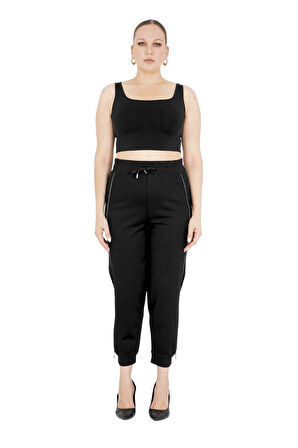 Büyük Beden Mom Yüksek Bel Taş Detaylı Boru Paça Örme Kadın Pantolon